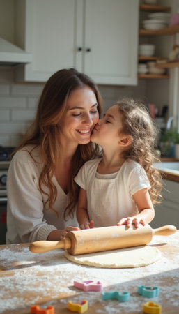 Mother and daughter sharing a sweet moment in the kitchenの素材