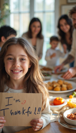Joyful girl holding a sign of gratitude at a festive family gatheringの素材