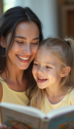 Joyful mother and daughter sharing a storyの素材