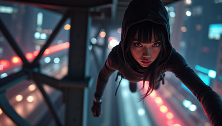 Daring urban explorer in a futuristic cityscapeの素材