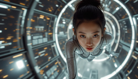 Futuristic woman in a sleek space suit reaching outの素材