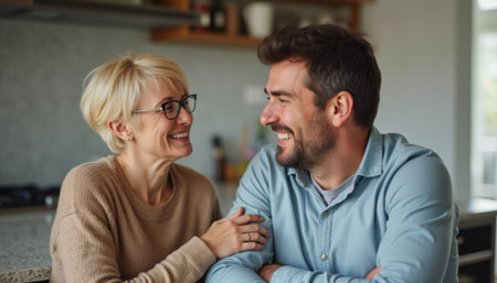 Joyful couple sharing a moment of laughter in a cozy kitchenの素材