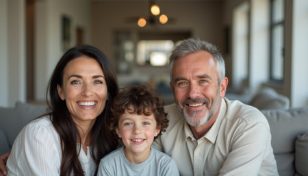 Happy family portrait with smiling parents and their sonの素材