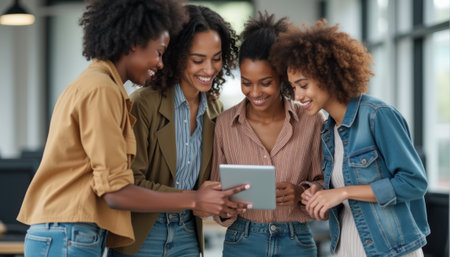 Four joyful women sharing a moment over a tabletの素材