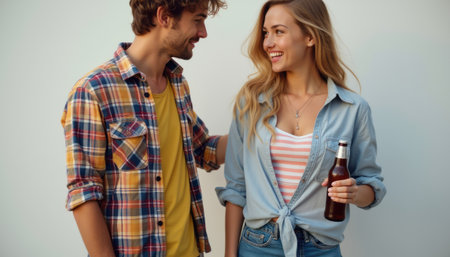 Joyful couple sharing a moment with drinksの素材