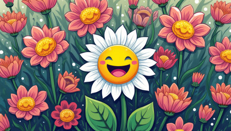 Cheerful flower with a smiling face among vibrant bloomsの素材