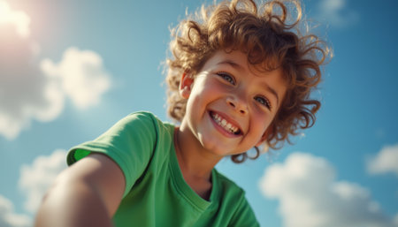 Joyful boy with curly hair smiling against a bright blue skyの素材