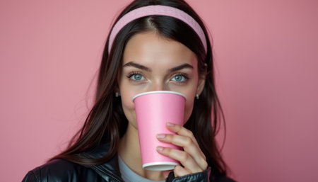 Young woman sipping from a pink cup against a soft pink backgroundの素材