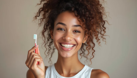 Smiling woman holding a toothbrushの素材