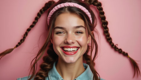 Joyful girl with braided hair and a pink headbandの素材