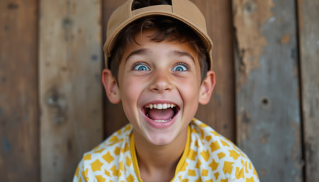 Joyful boy with bright eyes and a big smileの素材