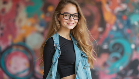 Smiling young woman with glasses against a colorful abstract backgroundの素材