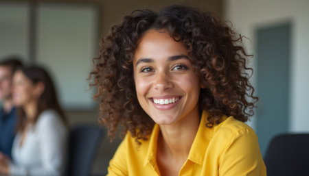 Cheerful woman with curly hair smiling brightlyの素材