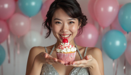 Joyful woman holding a cupcake with a cherry on topの素材