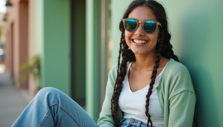 Cheerful young woman with braids and sunglassesの素材