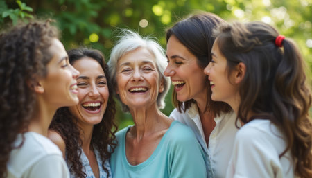 Joyful women of all ages sharing laughter in a lush green settingの素材