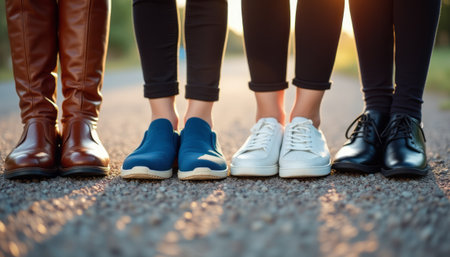 Diverse group of friends showcasing stylish footwearの素材