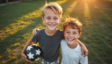 Two joyful boys posing with a soccer ball at sunsetの素材