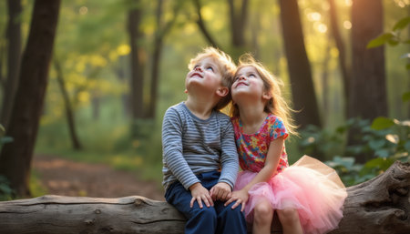 Joyful children gazing at the sky in a sunlit forestの素材