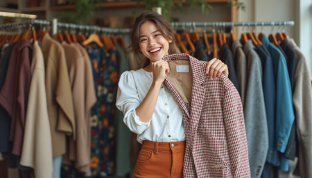 Cheerful woman holding a stylish jacket in a trendy clothing storeの素材