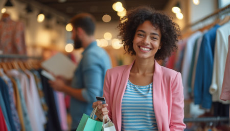 Joyful woman shopping with colorful bags in a trendy boutiqueの素材
