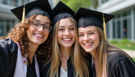 Three joyful graduates celebrating their achievementの素材