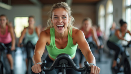 Joyful woman spinning in a fitness classの素材