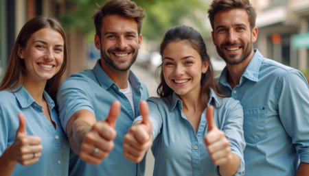 Cheerful group of friends giving thumbs upの素材