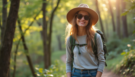 Smiling woman in a hat enjoying natureの素材