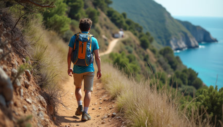 Adventurous hiker exploring a scenic coastal trailの素材