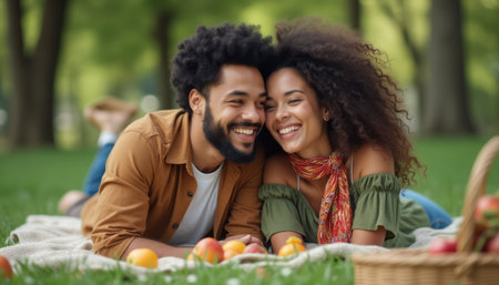 Joyful couple enjoying a picnic with fresh applesの素材