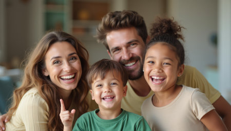 Joyful family sharing smiles in a cozy home settingの素材