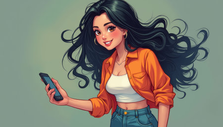 Stylish young woman with flowing hair holding a smartphoneの素材