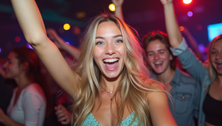 Joyful woman celebrating at a lively partyの素材