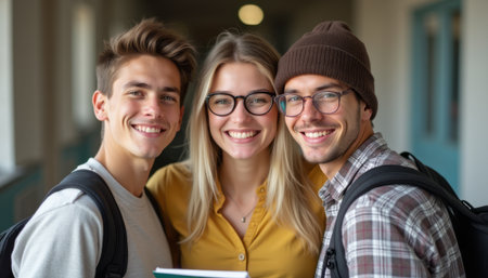 Cheerful group of friends smiling together in a school hallwayの素材