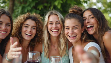 Joyful group of friends sharing laughter and wineの素材