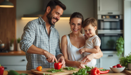 Happy family cooking together in a bright kitchenの素材