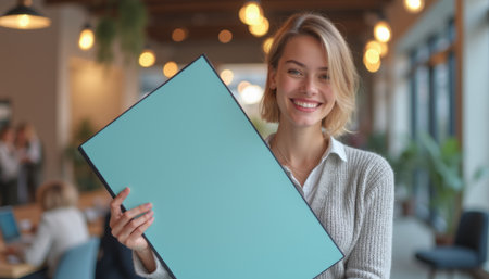 Cheerful woman holding a blank turquoise board in a modern officeの素材