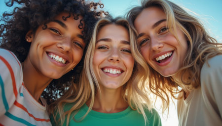 Three joyful friends sharing smiles in the sunlightの素材