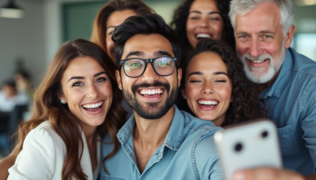 Joyful group of friends taking a selfieの素材