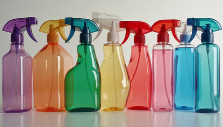 Colorful spray bottles lined up in a vibrant arrayの素材