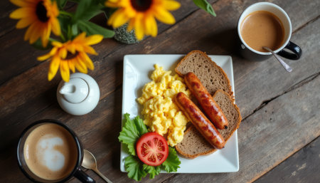 Delicious breakfast with scrambled eggs, sausages, and coffeeの素材