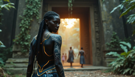 Mysterious woman in tribal attire gazes back at ancient ruinsの素材