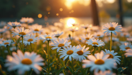 Sunlit daisies dancing in a golden glowの素材
