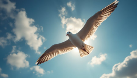 Majestic white dove soaring against a bright blue skyの素材
