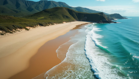 Breathtaking aerial view of a serene beach with rolling wavesの素材