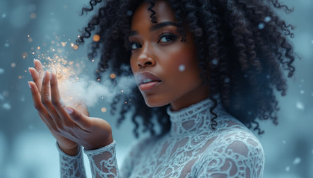 Enchanting woman exhaling sparkles in a snowy wonderlandの素材