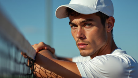 Focused young male tennis player leaning on the netの素材