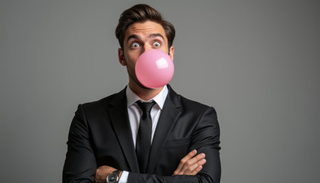 Man in a suit blowing a pink bubble gumの素材