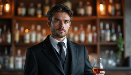 Sophisticated man in a tuxedo holding a glass of whiskeyの素材